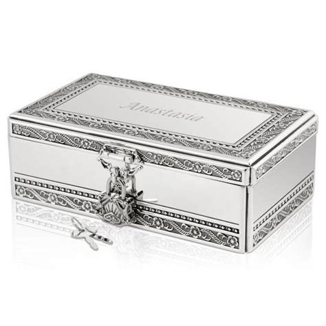 Engraved Personalized Silver Jewelry Box with Lock and Key