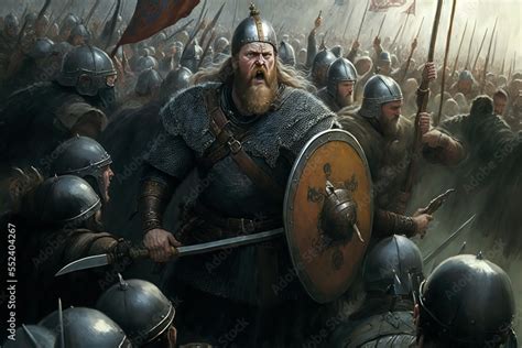 Fantasy concept art featuring viking barbarian warriors in a battlefield at war. Drawing swords ...