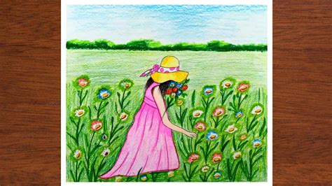 How to draw Flower garden with girl | easy Flower garden scenery ...