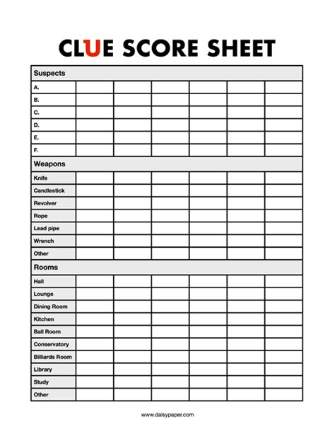 Clue Score Sheet – Daisy Paper