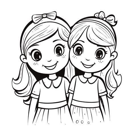 Cute Twin Girls Coloring Pages Outline Sketch Drawing Vector Cute | Porn Sex Picture