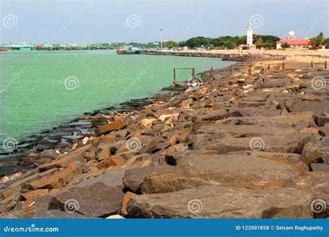 Landscape of Karaikal Beach with Stone Way and Light House. Stock Photo - Image of architecture ...