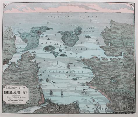 1890 - Balloon View of Narragansett Bay. *****SOLD***** - Antique Map – Maps of Antiquity