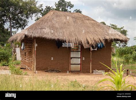 Typical rural mud-house in remote village in Africa with thatched roof ...