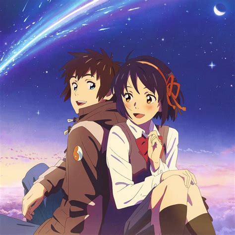 two anime characters sitting on the ground in front of a sky with stars ...