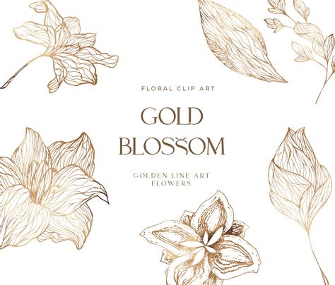 Golden floral line art gold flower clip art botanical line | Etsy