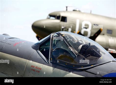 The cockpit of a Supermarine Seafire and a a DC-3 Dakota transport ...