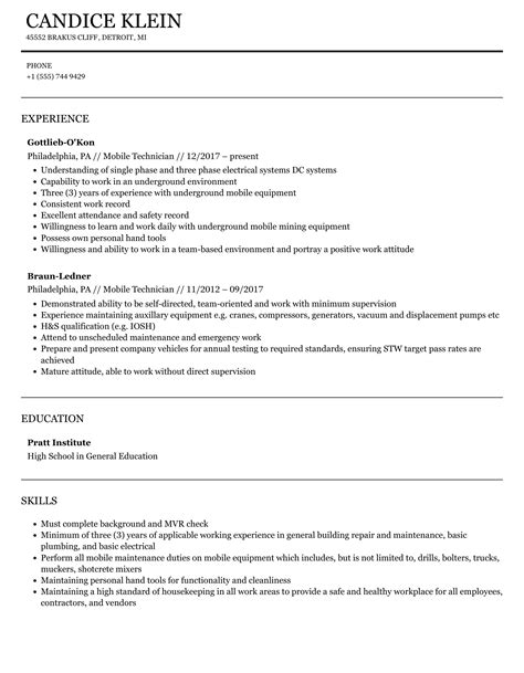 Mobile Technician Resume Samples | Velvet Jobs