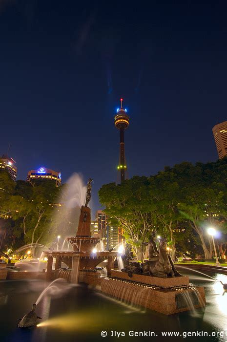 Archibald Fountain and Sydney Tower at Night, Hyde Park, Sydney, NSW ...