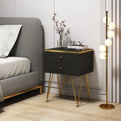 Black Small Nightstand with 2 Drawers Bedside Table Gold Pulls & V-Shaped Legs | Homary