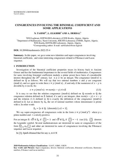 (PDF) Congruences involving the binomial coefficient and some applications | laid elkhiri ...