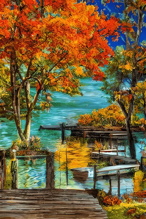 Airbrushed Lakeside Scene with Fall Foliage · Creative Fabrica