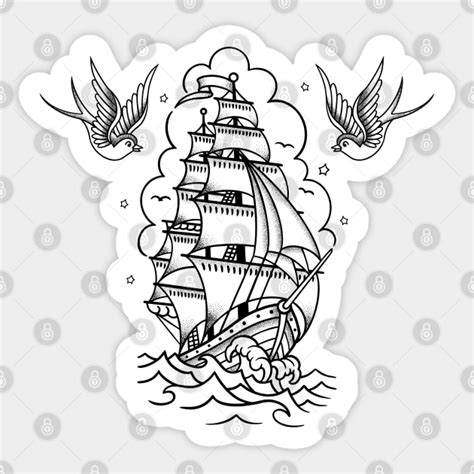 Distressed Traditional Tattoo Sailing Ship and Swallows - Ship Tattoo - Sticker | TeePublic