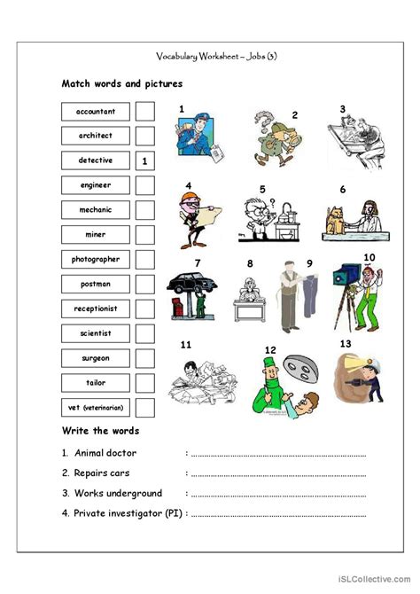 Vocabulary Matching Worksheet - Job…: English ESL worksheets pdf & doc