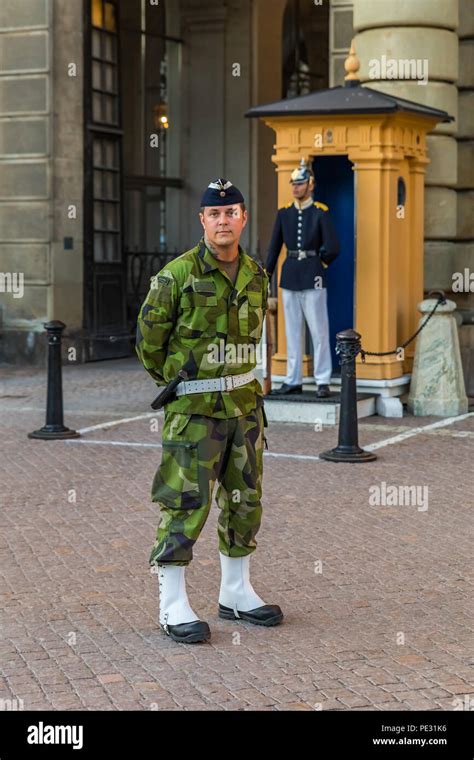 Stockholm, Sweden - August 11, 2017: Swedish armed forces officer in camouflage uniform at the ...