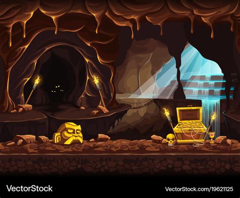 Treasure cave with a waterfall Royalty Free Vector Image