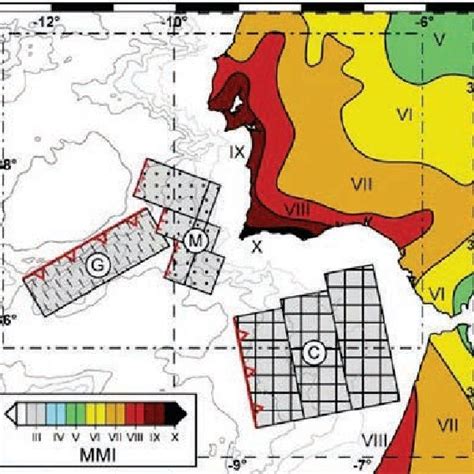 Isoseismal map of the AD 1755 Lisbon earthquake (Modified Mercalli ...