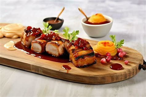 Pork belly braaivleis with mango and chili sauce served on a wooden plank. Restaurant food ...