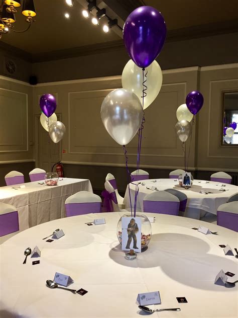 Silver Ivory and purple balloons at The Manor Hotel | Birthday party table decorations, Balloon ...