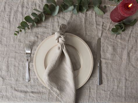 Linen tablecloth-Table linens-Washed Linen tablecloth in Natural color with blue stripes- Table ...