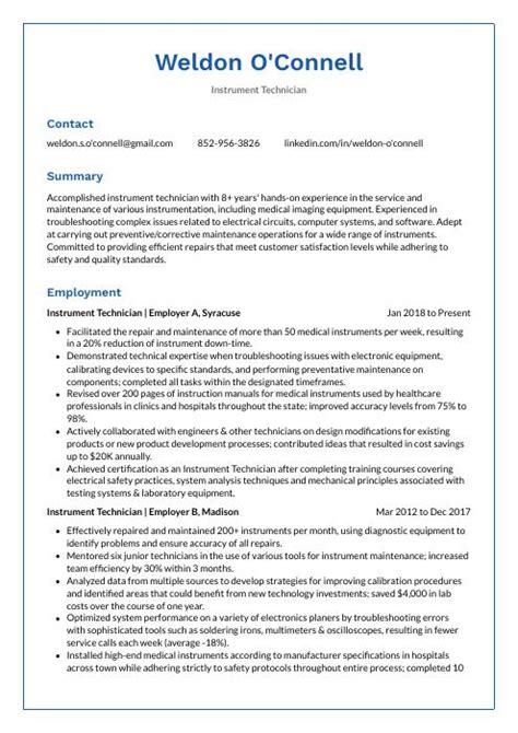 Instrument Technician Resume (CV) Example and Writing Guide