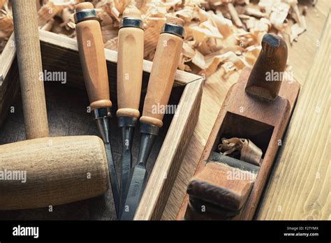 Woodworking and carpentry tools in workshop Stock Photo - Alamy