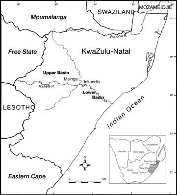 Location of Thukela River basin and Pongola River basin study areas in ...