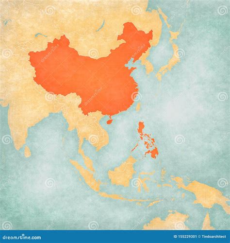 Map of East Asia - China and Philippines Stock Illustration - Illustration of worn, east: 155229301