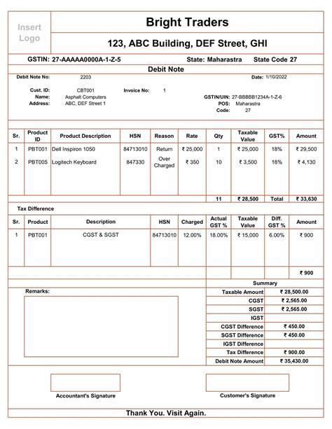 Ready-To-Use GST Debit Note Format for Under Billing - MSOfficeGeek