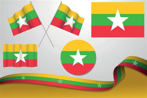 Set Of Myanmar Flags In Different Designs Icon Flaying Flags With ...