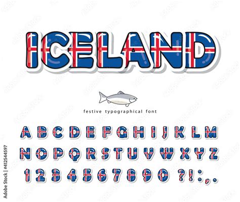 Iceland cartoon font. Icelandic national flag colors. Bright alphabet ...