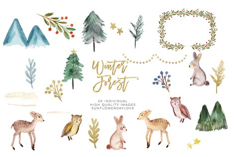 Winter Woodland Animals Clipart, Watercolor Pine Trees Clipart By Sunflower Day Love | TheHungryJPEG