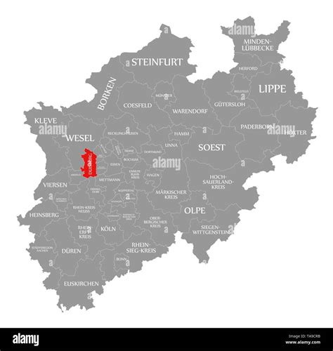 Duisburg red highlighted in map of North Rhine Westphalia DE Stock Photo - Alamy