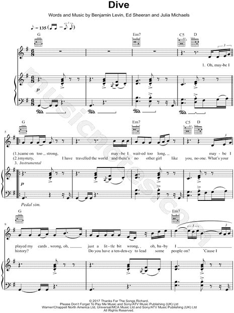 Ed Sheeran Dive Sheet Music Piano Notes Chords