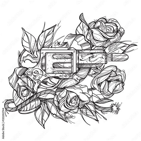 Gun and roses tattoo hand drawing style. Picture for coloring. Stock ...