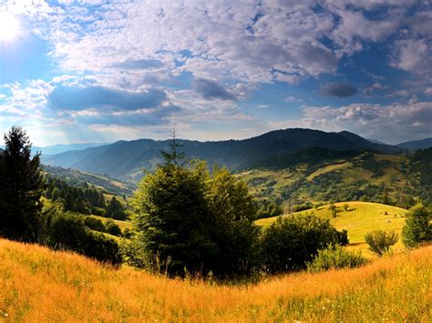 Ukraine, nature landscape, trees, grass, mountains, clouds, sun ...