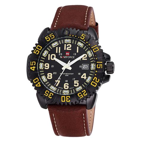 NAVIFORCE 43mm Leather Strap Analog Mens Military Watches Rotating Compass Bezel | Mens watches ...