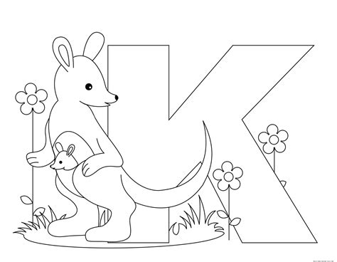 Printable Animal Alphabet Letter K for Kangaroo - Free Kids Coloring Page