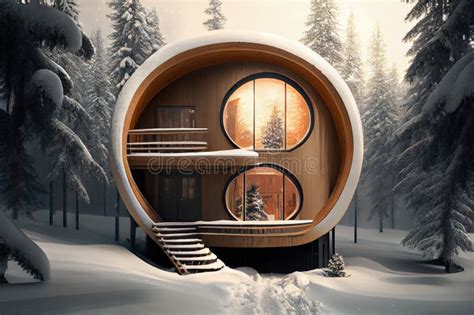 Chalet Exterior of the Winter with Round Windows and Staircase in ...