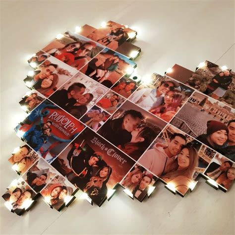 a heart shaped photo collage with lights on the sides and photos in the middle