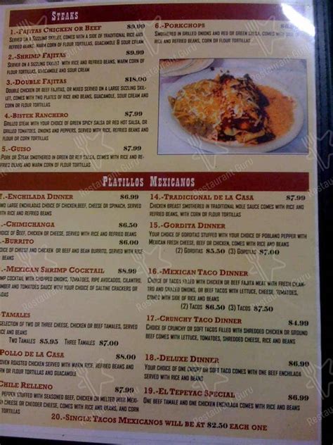 Menu at El Tepeyac restaurant, Blanchard, Veterans Memorial Hwy