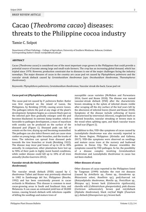 (PDF) Cacao (Theobroma cacao) diseases: threats to the Philippine cocoa industry