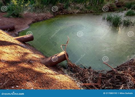 Small Dirty Pond Full of Garbage, Water Flora and Waste Pipes in a Park Near Tom Price, Western ...