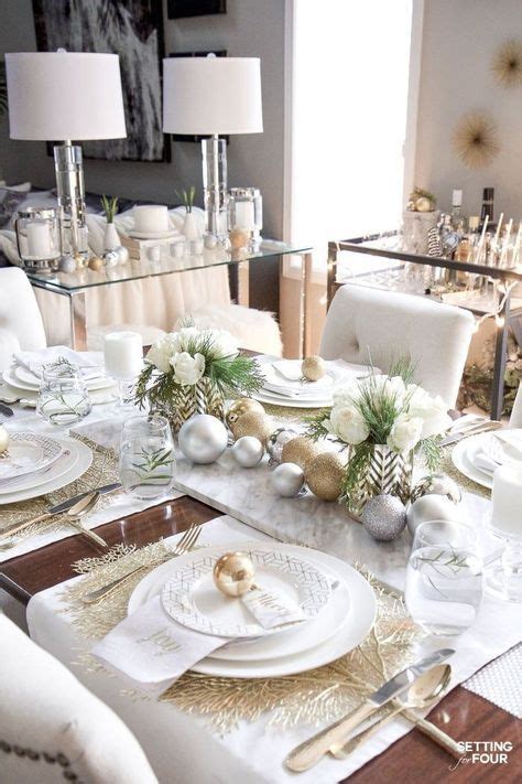 Elegant Gold And White Christmas Tablescape | Silver christmas decorations, Christmas table ...