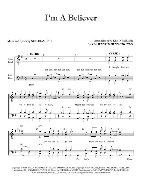 I'm A Believer (arr. Kevin Keller) by Smash Mouth Sheet Music for TTBB ...