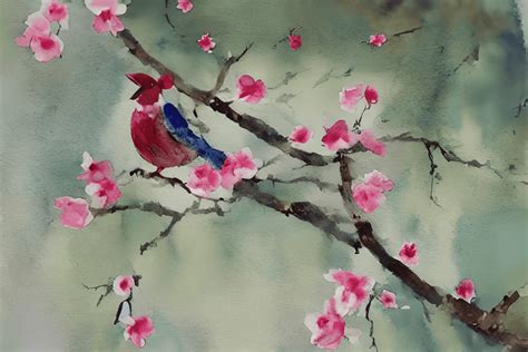 Watercolor Painting of a Bird on a Flowering Tree Branch · Creative Fabrica