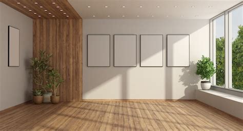 Sala de estar minimalista vacía con paneles de madera, piso de madera y ventana grande | Foto ...