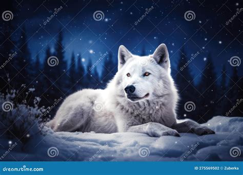 White Wolf Laying on the Snow with SnowFlakes Stock Illustration ...