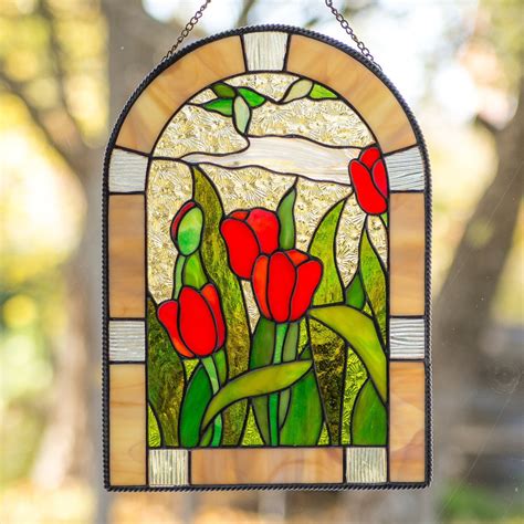 Stained glass red tulips window hanging flower panel