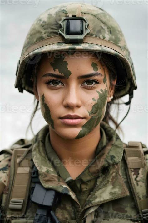 Portrait of beautiful young woman in military uniform with camouflage on face. Military concept ...